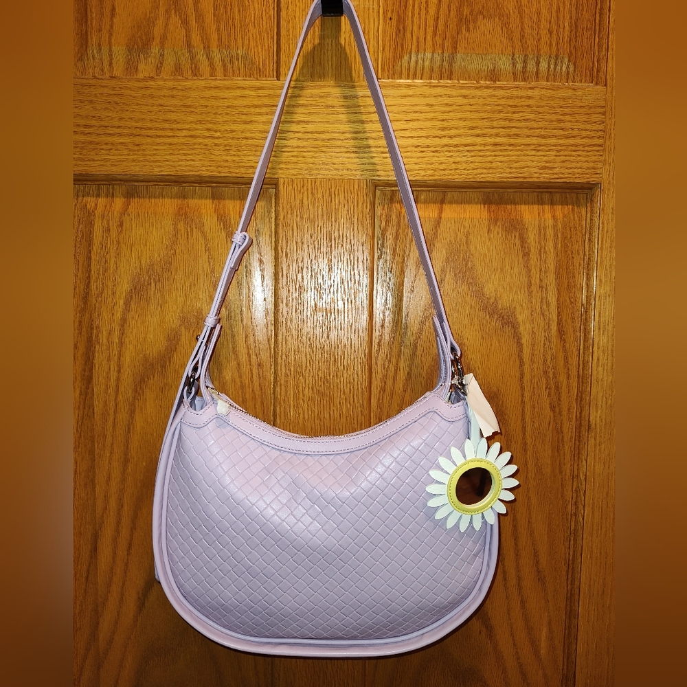 Isabelle Vegan Leather Lavender Shoulder Bag, Daisy Mirror Charm, Adjustable